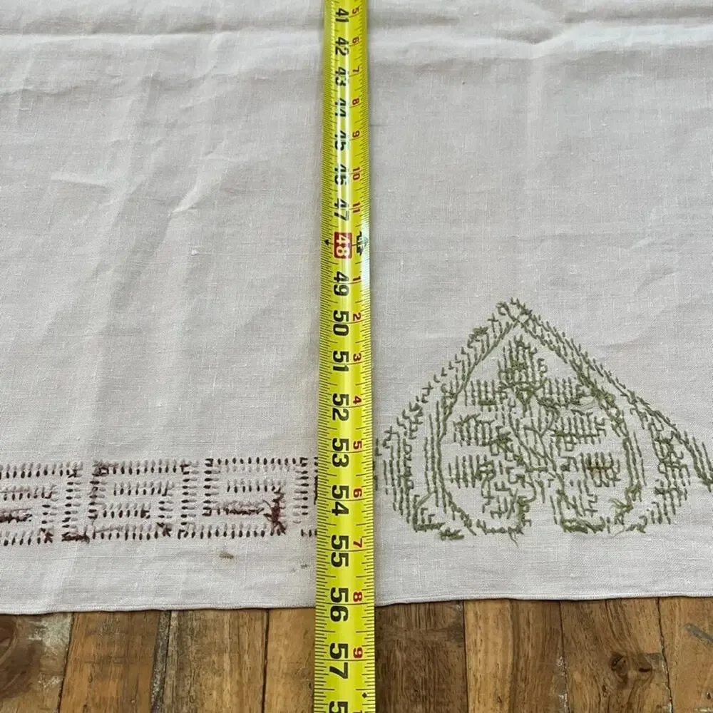 Vintage Beige Linen Tablecloth 73 x 56 Cross-stitch Embroidery Greek Key Border